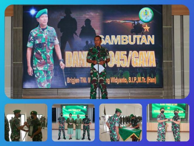 Danrem 045/Gaya Brigjen TNI M Jangkung Widyanto, S.I.P., M.Tr.(Han)., pimpin upacara penyerahan jabatan Kasrem di Aula Makorem, Pangkalpinang, Rabu (16/02/2022). FOTO : PENREM 045/GAPU 