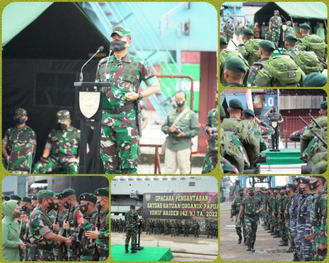 Pangdam II/Sriwijaya, Mayjen TNI Agus Suhardi memberangkatkan sebanyak 400 Prajurit Yonif Raider 142/Ksatria Jaya yang tergabung dalam Satuan Tugas Organik yang akan bertugas menjaga pertahanan di wilayah Papua. (SRIWIJAYADAILY/PENDAM II SRIWIJAYA)