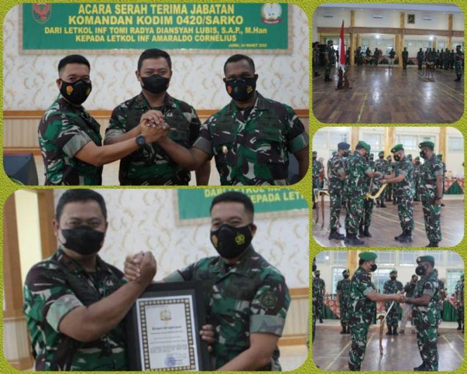 Komandan Korem 042/Gapu Brigjen TNI Supriono, S.IP, M.M, memimpin langsung upacara Sertijab Dandim 0420/Sarko. (SRIWIJAYADAILY)