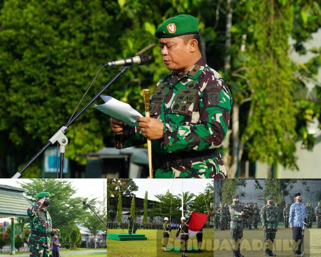 Danrem 042/Gapu  Brigjen TNI  Supriono, S.IP., M.M. pimpin upacara bendera 17an di lapangan upacara Makorem 042/Gapu, Jambi, Selasa 17/5/2022. (PENREM GAPU/SRIWIJAYADAILY)