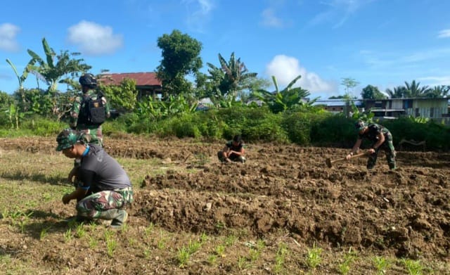 Satgas Pamtas Yonif Raider 142/KJ membuka lahan yang nantinya akan ditanami bibit kebutuhan pokok, bertempat di Kampung Dabra, Kab Memberamo Raya, Papua, Minggu (17/07/2022)./ FOTO : Pendam Cenderawasih
