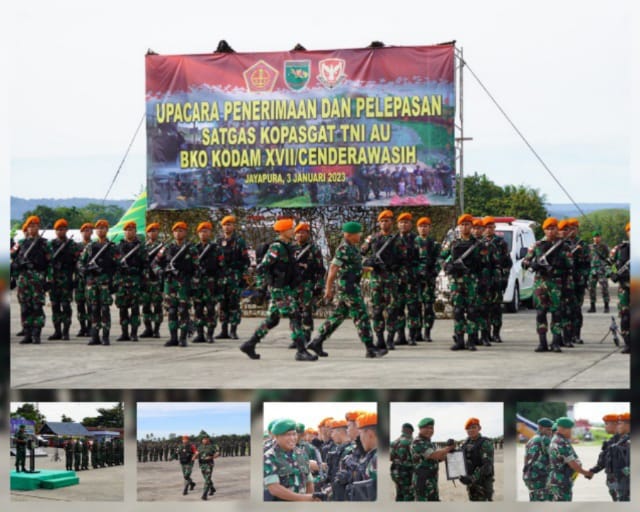 Pangdam XVII/Cenderawasih Pimpin Upacara Penyambutan Dan Pelepasan Kopasgat Di Base Ops Lanud Silas Papare